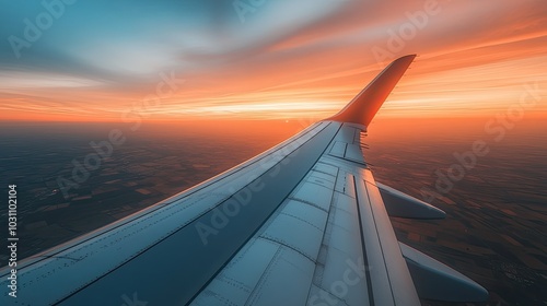 Airplane wing seen from the window with a sunset in the background.