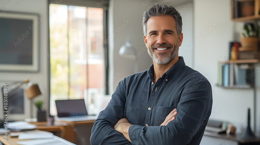 Obraz premium A successful businessman in his mid-40s, standing by his desk in a modern office