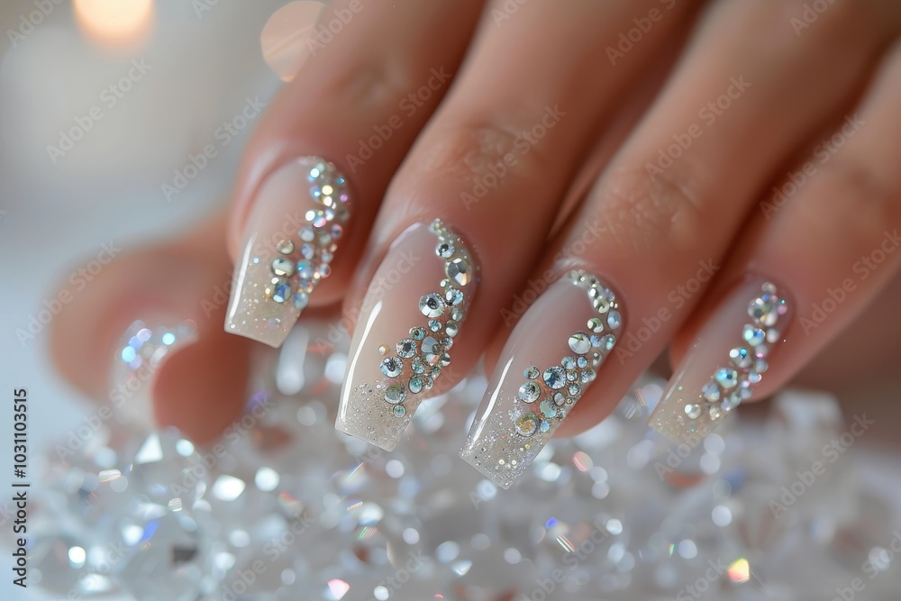 A close-up display of glamorous red nail art featuring glitter and rhinestones during a stylish beauty session A close-up display of glamorous red nail art featuring glitter and rhinestones during a stylish beauty session