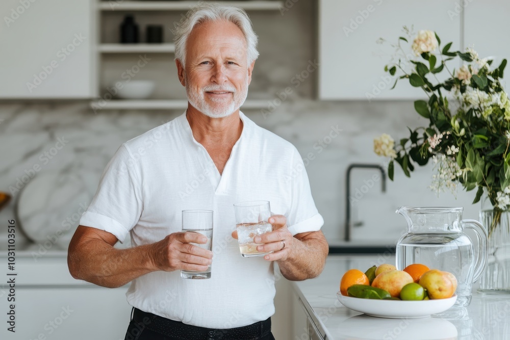 In a bright, chic kitchen, an elderly gentleman smiles while holding two glasses of water, symbolizing health, happiness, and a sense of abundance in daily life. In a bright, chic kitchen, an elderly gentleman smiles while holding two glasses of water, symbolizing health, happiness, and a sense of abundance in daily life.