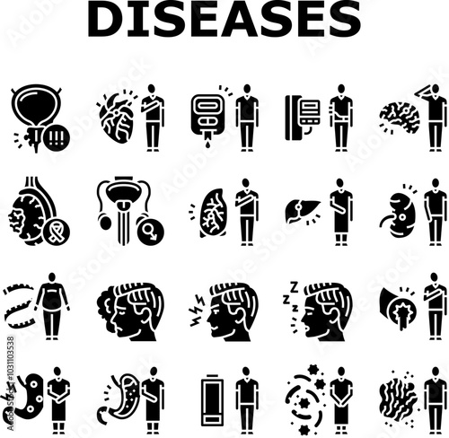 man disease health medical icons set vector. prostate, stroke, diabetes, blood pressure, obesity, depression man disease health medical glyph pictogram Illustrations