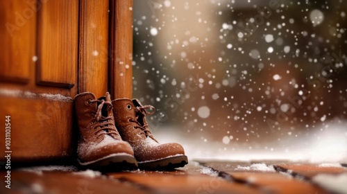 Cozy winter boots rest by a wooden door as snowflakes gently fall outside, AI photo