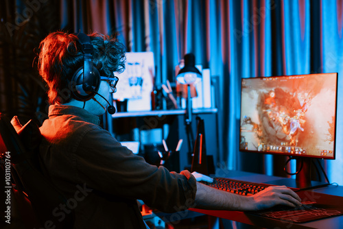 Host channel of young gaming streamer playing fighting Moba at battle arena game with multiplays team, wearing headphone on pc monitor with back side image at neon digital light modern room. Gusher. photo