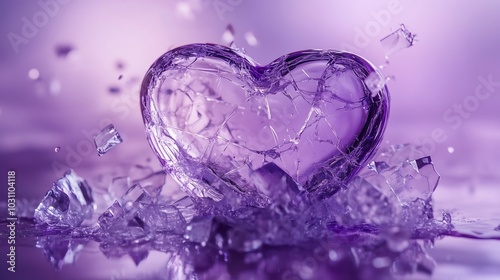 A shattered purple glass heart against a soft lavender background, symbolizing fragility and emotion.