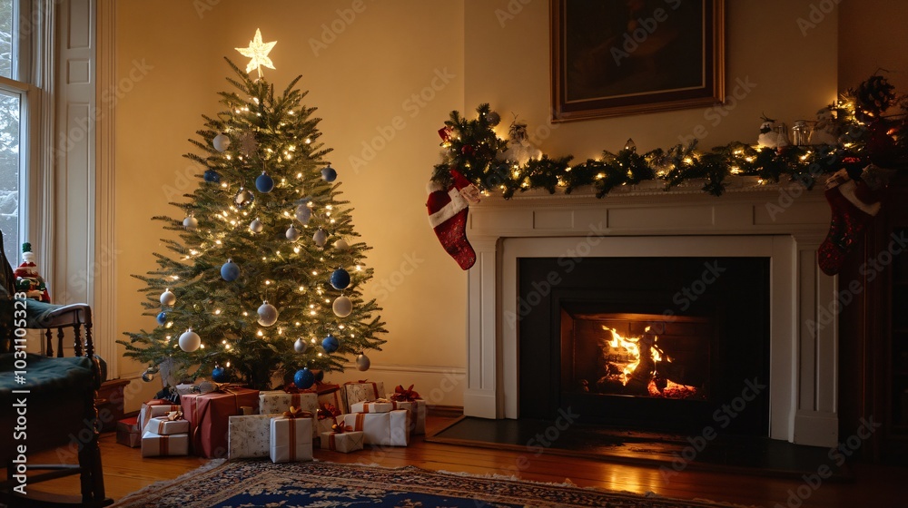 Festive Christmas tree decorated with glowing lights and ornaments in a cozy living room, with gifts underneath, copy space Festive Christmas tree decorated with glowing lights and ornaments in a cozy living room, with gifts underneath, copy space