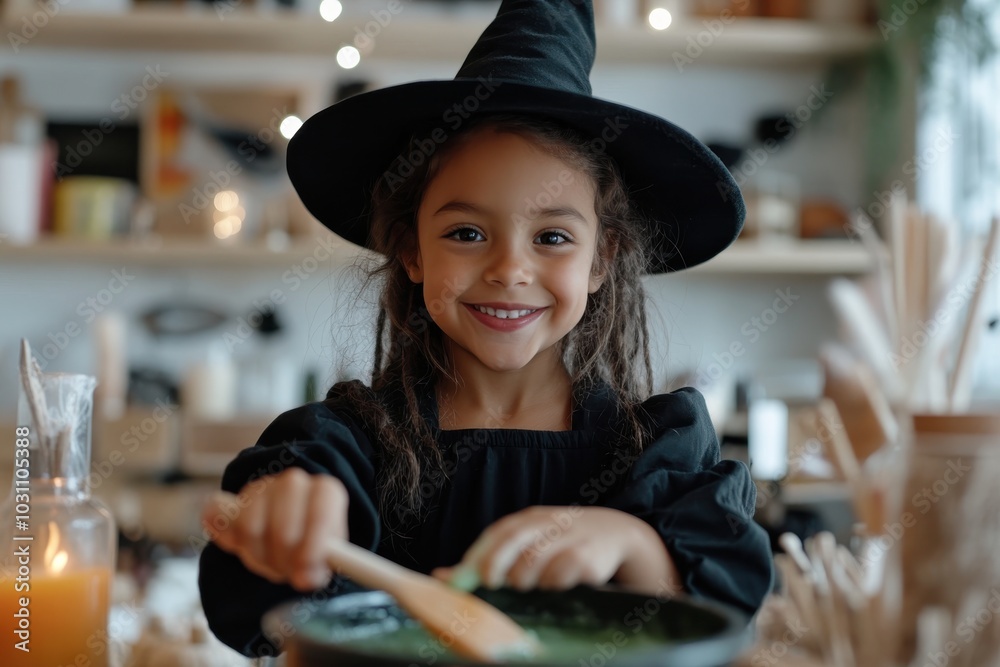 Young girl dressed as a witch in a black hat, happily stirring a mix in a bowl amidst a backdrop of a warm, decorated room filled with Halloween elements. Young girl dressed as a witch in a black hat, happily stirring a mix in a bowl amidst a backdrop of a warm, decorated room filled with Halloween elements.