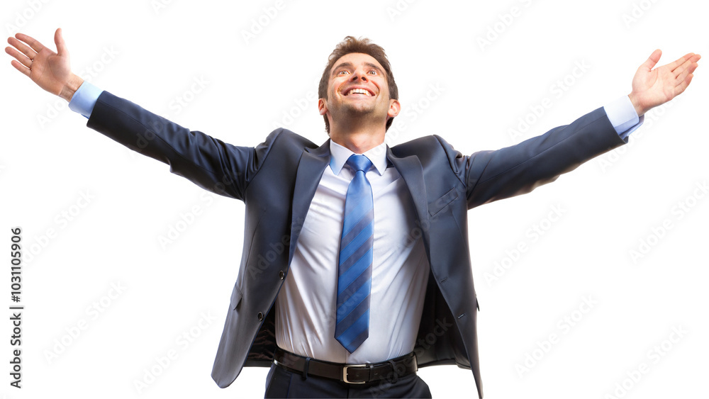 Happy businessman celebrating success with arms wide open, isolated on transparent or white background. Happy businessman celebrating success with arms wide open, isolated on transparent or white background.