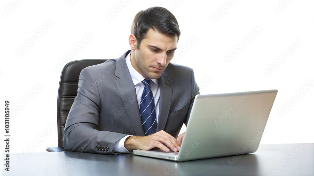 Businessman working on laptop in modern office environment, isolated on transparent or white background. Businessman working on laptop in modern office environment, isolated on transparent or white background.