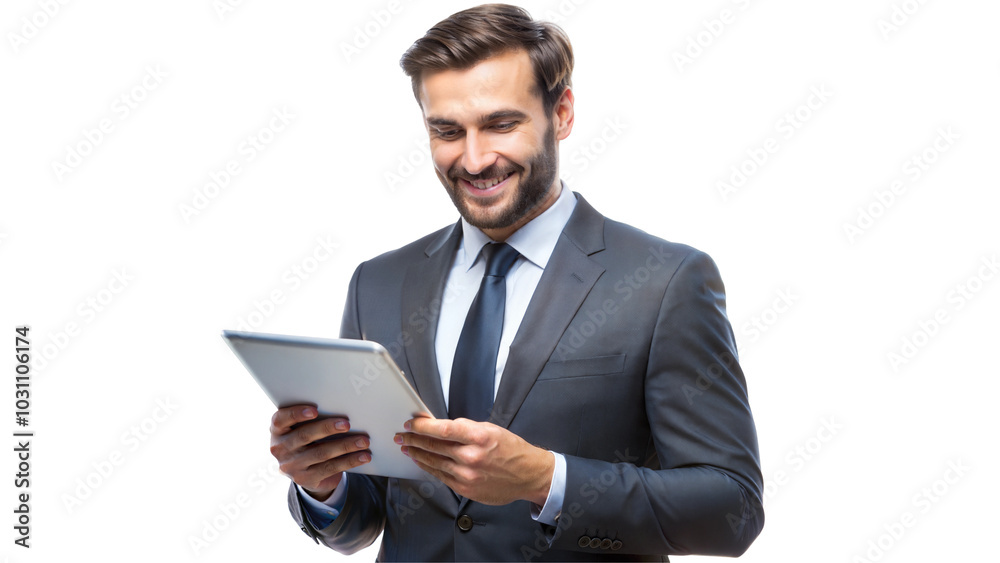 Businessman smiling while using a digital tablet, isolated on transparent or white background.. Businessman smiling while using a digital tablet, isolated on transparent or white background..
