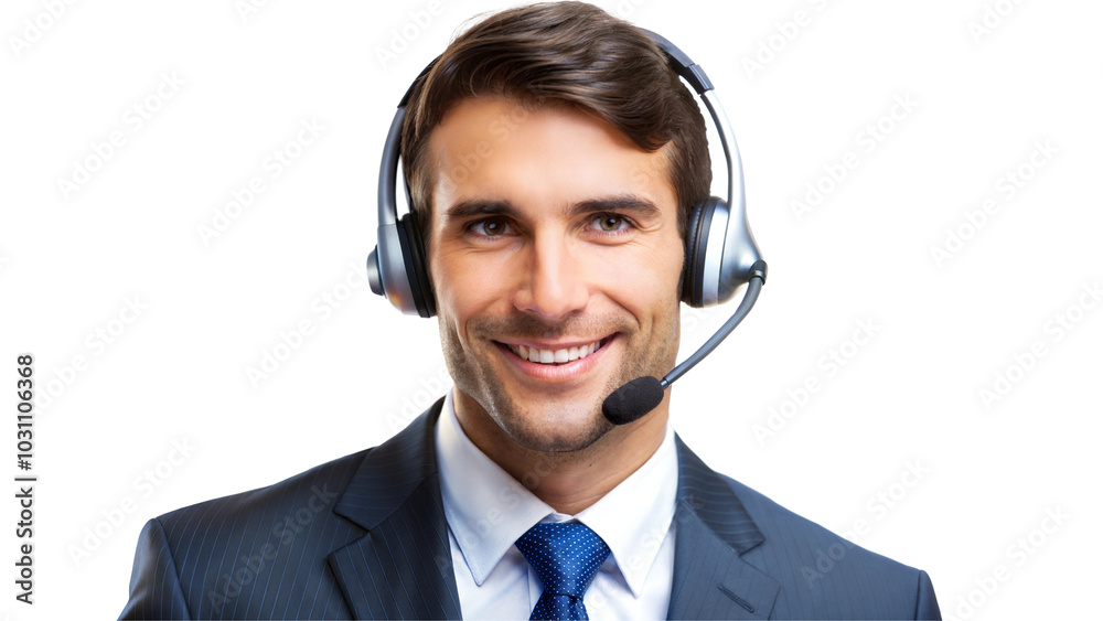 Smiling businessman with headset, professional call center agent. Isolated on transparent or white background. Smiling businessman with headset, professional call center agent. Isolated on transparent or white background.