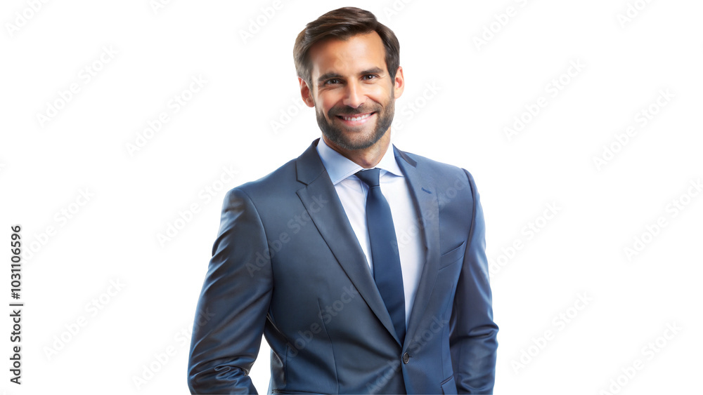 Smiling businessman in a suit, standing confidently, isolated on transparent or white background.. Smiling businessman in a suit, standing confidently, isolated on transparent or white background..