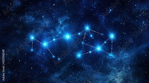 A constellation of stars in a dark blue night sky, with a pattern of stars forming a shape, with many other stars in the background.