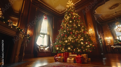 Festive Christmas tree decorated with glowing lights and ornaments in a cozy living room  with gifts underneath  copy space    ar 16 9  