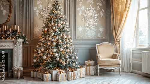 Festive Christmas tree decorated with glowing lights and ornaments in a cozy living room, with gifts underneath, copy space