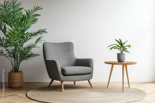 Modern interior design with light empty mock-up wall and gray furniture, loft and vintage of living room. Armchair, table with green plant in pot, round carpet on floor,wall background - generative ai