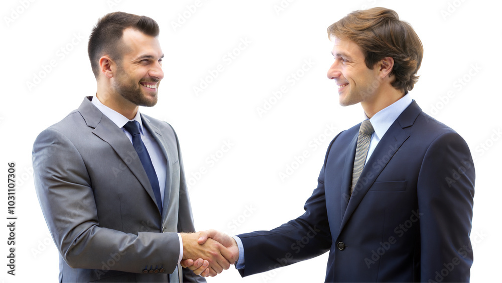 Two men in suits shaking hands on isolated on transparent or white background.. Two men in suits shaking hands on isolated on transparent or white background..