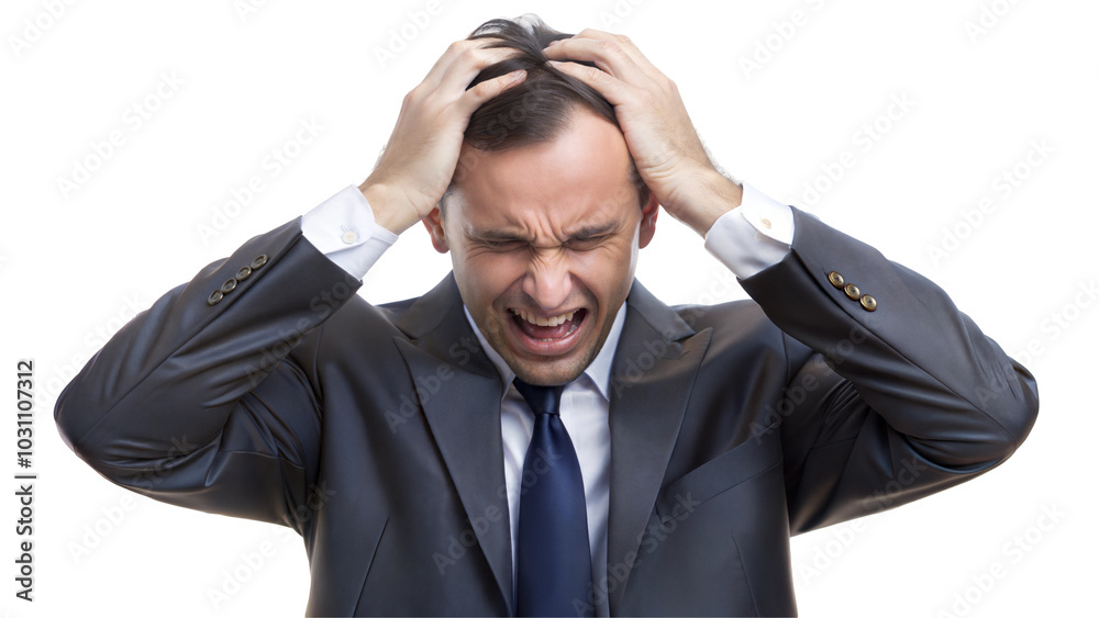 Frustrated businessman holding head in despair, isolated on a white background. Frustrated businessman holding head in despair, isolated on a white background.