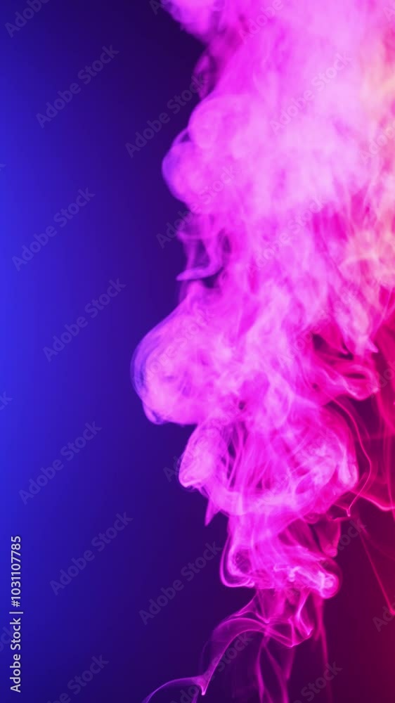 Vertical video. Curls of smoke move on a colorful background. Abstract lines of smoke. Animation of smoke on a neon background
