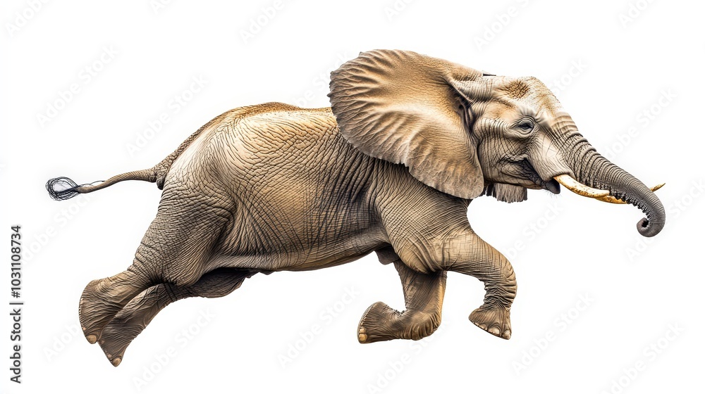 Fototapeta premium Majestic African Elephant in Flight - Hyperealistic Studio Photography on White Background with High Contrast and Lighting