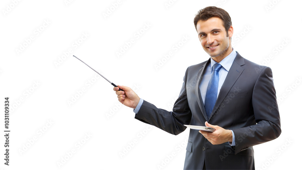 Businessman presenting with a pointer, isolated on transparent or white background. Businessman presenting with a pointer, isolated on transparent or white background.