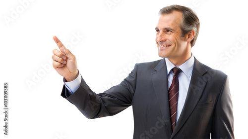 Confident businessman pointing with a smile, isolated on transparent or white background.