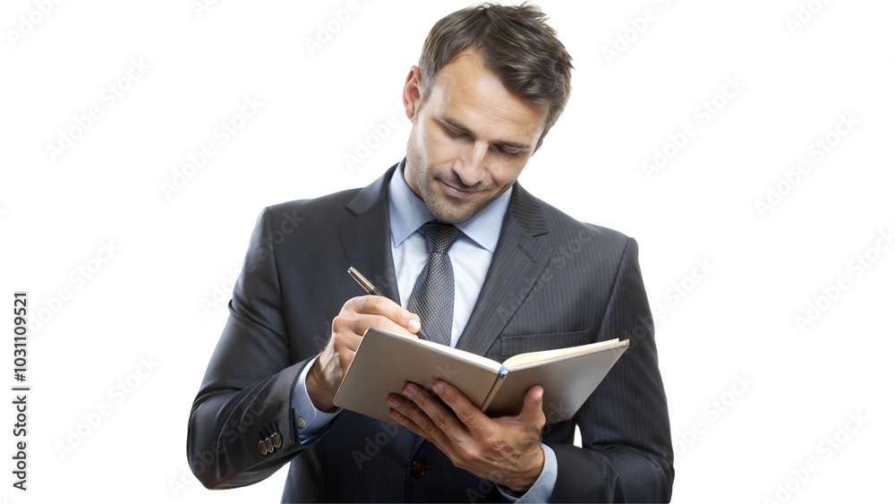 Businessman writing in notebook with pen, isolated on transparent or white background. Businessman writing in notebook with pen, isolated on transparent or white background.