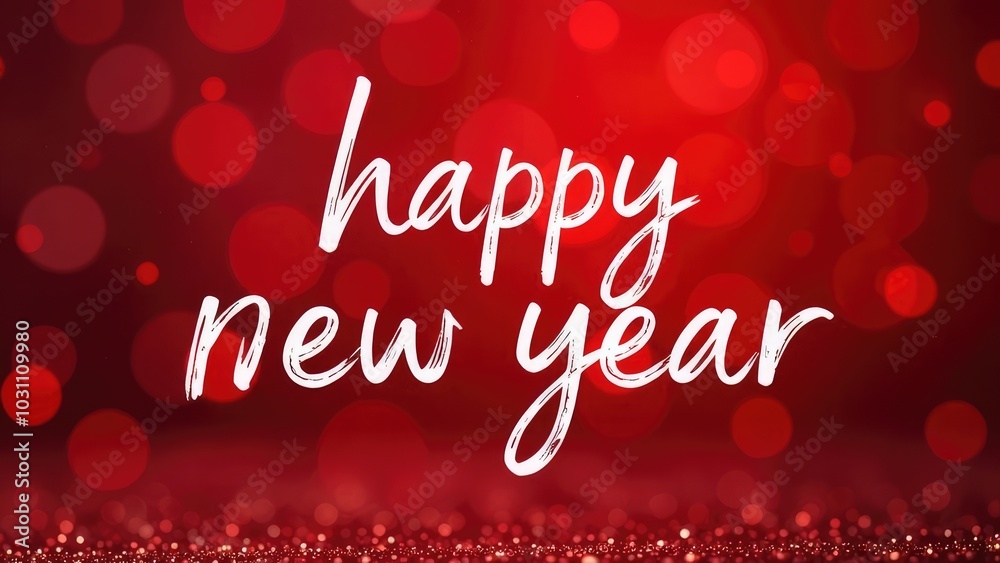 Big white Handwriting thin Letters “happy new year ” over red Christmas blurred background Big white Handwriting thin Letters “happy new year ” over red Christmas blurred background