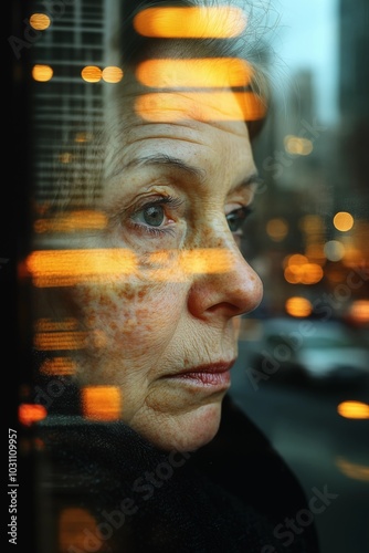 Gesicht einer älteren Frau, die aus dem Fenster schaut in einer abendlich beleichteten Stadt, deren Lichter auf der Fensterscheibe zu sehen sind photo