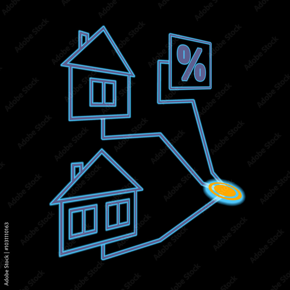 Real estate. Scheme with houses and percent sign on black background, illustration Real estate. Scheme with houses and percent sign on black background, illustration