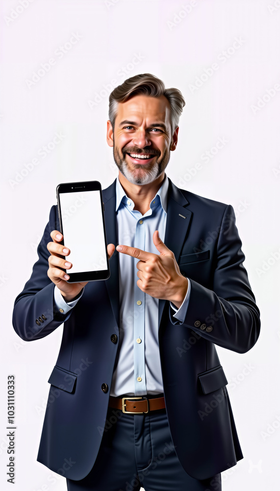 A smiling businessman in a suit proudly displays a blank smartphone, perfect for showcasing apps or advertisements. Ideal for marketing campaigns, tech promotions, or corporate presentations A smiling businessman in a suit proudly displays a blank smartphone, perfect for showcasing apps or advertisements. Ideal for marketing campaigns, tech promotions, or corporate presentations