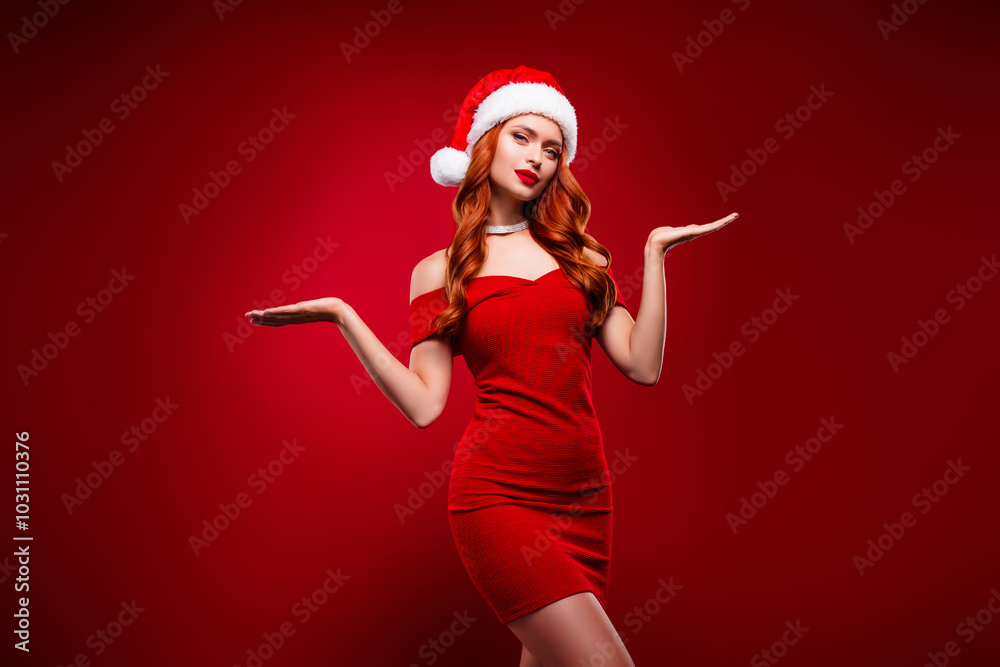 Photo of wealthy lady wear evening gown santa claus hat demonstrate red color background copyspace christmas ads Photo of wealthy lady wear evening gown santa claus hat demonstrate red color background copyspace christmas ads