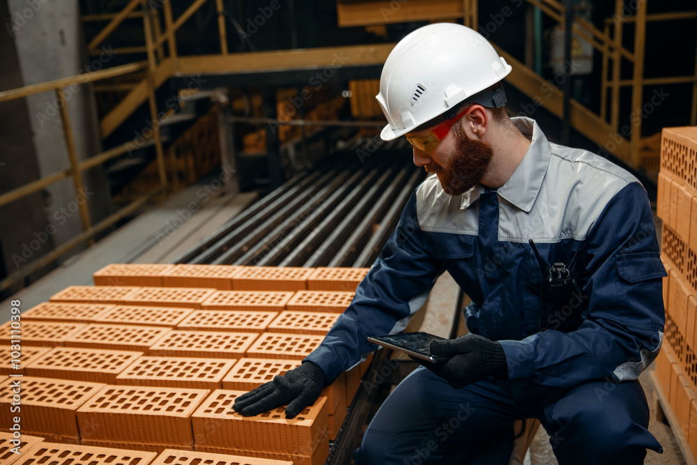 Worker inspection quality of raw bricks on robot conveyor, . Ceramic factory with automated production Worker inspection quality of raw bricks on robot conveyor, . Ceramic factory with automated production