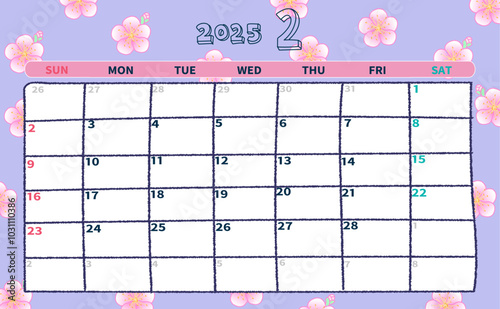 2025年2月の月間カレンダー