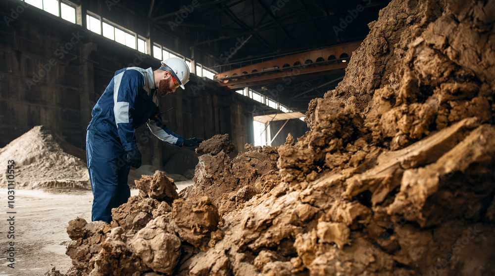 Fototapeta premium Engineer worker control quality clay for brick production, Ceramic factory industry