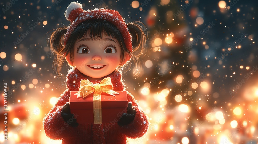 A joyful child in winter attire holds a gift, surrounded by festive lights and a Christmas tree. A joyful child in winter attire holds a gift, surrounded by festive lights and a Christmas tree.