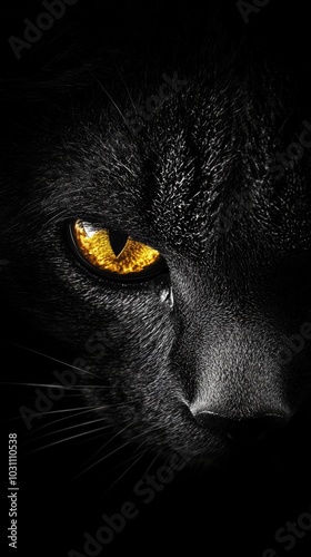 Close-up of black cat's eye in dramatic lighting