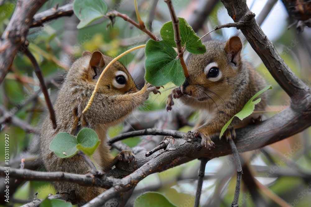 Two playful squirrels leaping between branches in a vibrant forest during autumn, showcasing their agility amidst colorful leaves Two playful squirrels leaping between branches in a vibrant forest during autumn, showcasing their agility amidst colorful leaves