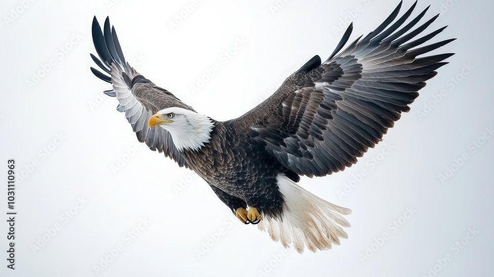 Fototapeta premium Majestic Bald Eagle in Flight - Hyperrealistic Studio Photography on White Background