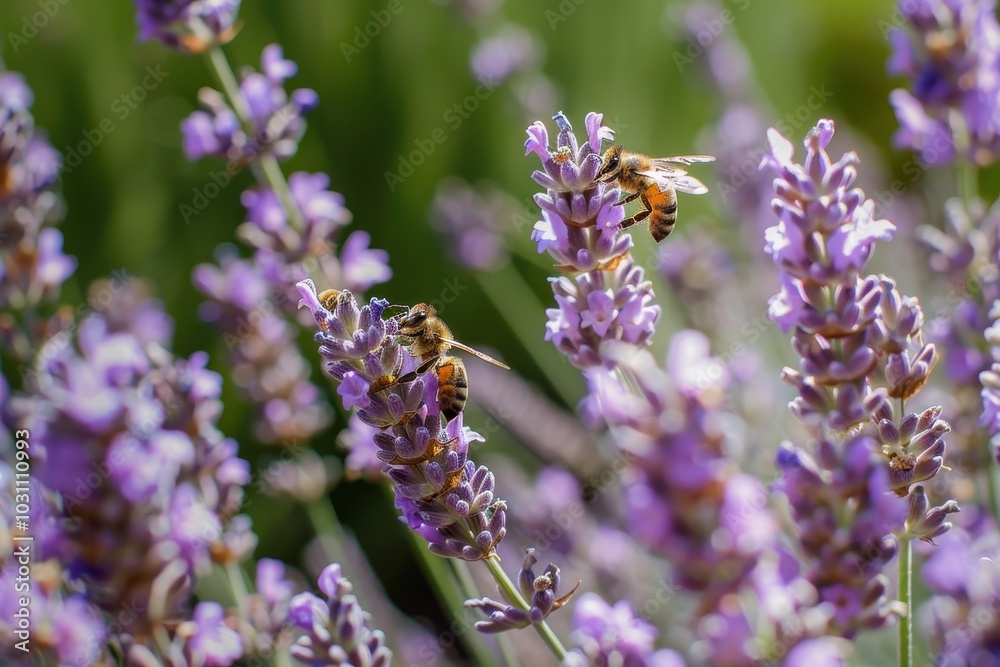 Bees pollinating lavender flowers in a vibrant garden during sunny daylight, showcasing nature's beauty and the importance of pollinators Bees pollinating lavender flowers in a vibrant garden during sunny daylight, showcasing nature's beauty and the importance of pollinators