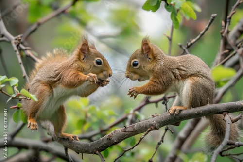 Two playful squirrels leaping between branches in a vibrant forest during autumn, showcasing their agility amidst colorful leaves