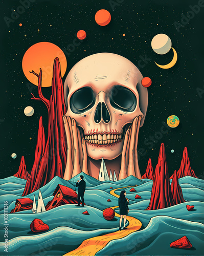 surreal illustration of a skull in a dystopia