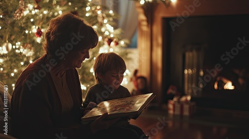 A grandmother and her grandson are enjoying a cozy evening together by the fireplace on Christmas Eve, reading a book.