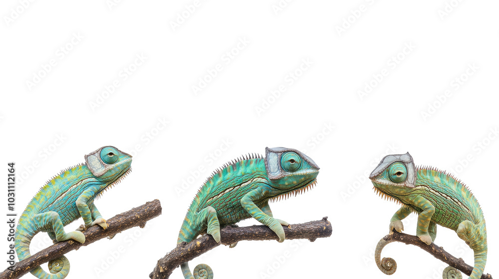 Fototapeta premium Three Chameleons Perched on Branches in a Natural Setting Generative AI