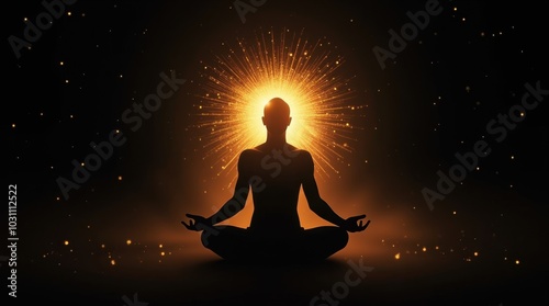 A sleek, glowing silhouette of a human body centered on a completely black background. The silhouette is outlined in a soft white or golden light, representing energy and tranquility.