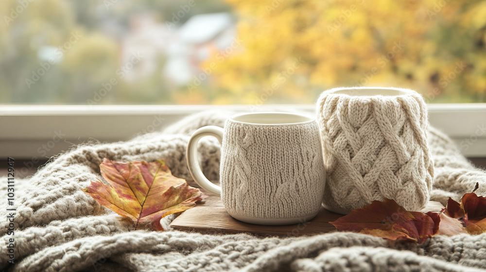 Experience the Cozy Autumn Vibes with a Knitted Mugs Surrounded by Natural Elements Experience the Cozy Autumn Vibes with a Knitted Mugs Surrounded by Natural Elements