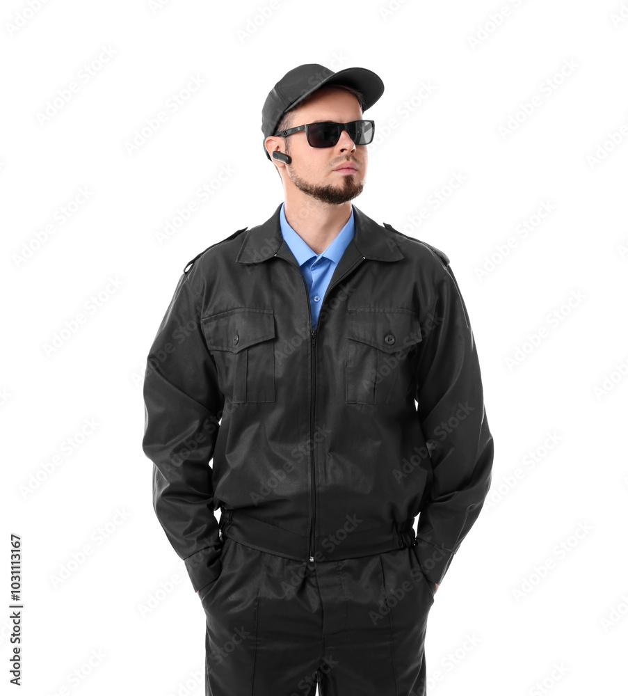 Security guard in uniform and sunglasses isolated on white Security guard in uniform and sunglasses isolated on white