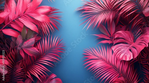 Vibrant pink tropical leaves against a blue background create a lively, decorative scene.