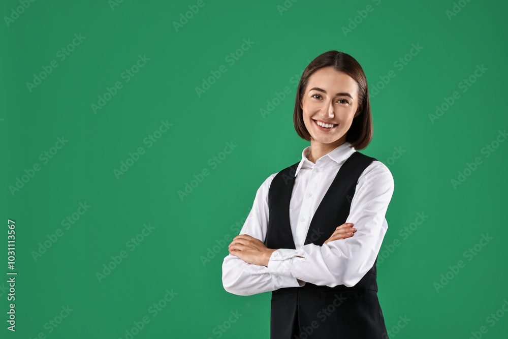 Portrait of professional croupier on green background. Space for text Portrait of professional croupier on green background. Space for text