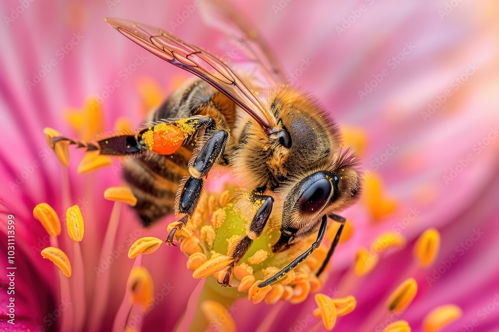 A close-up view of a bee collecting pollen from a delicate blossom on a warm spring day in a vibrant garden filled with colorful flowers A close-up view of a bee collecting pollen from a delicate blossom on a warm spring day in a vibrant garden filled with colorful flowers