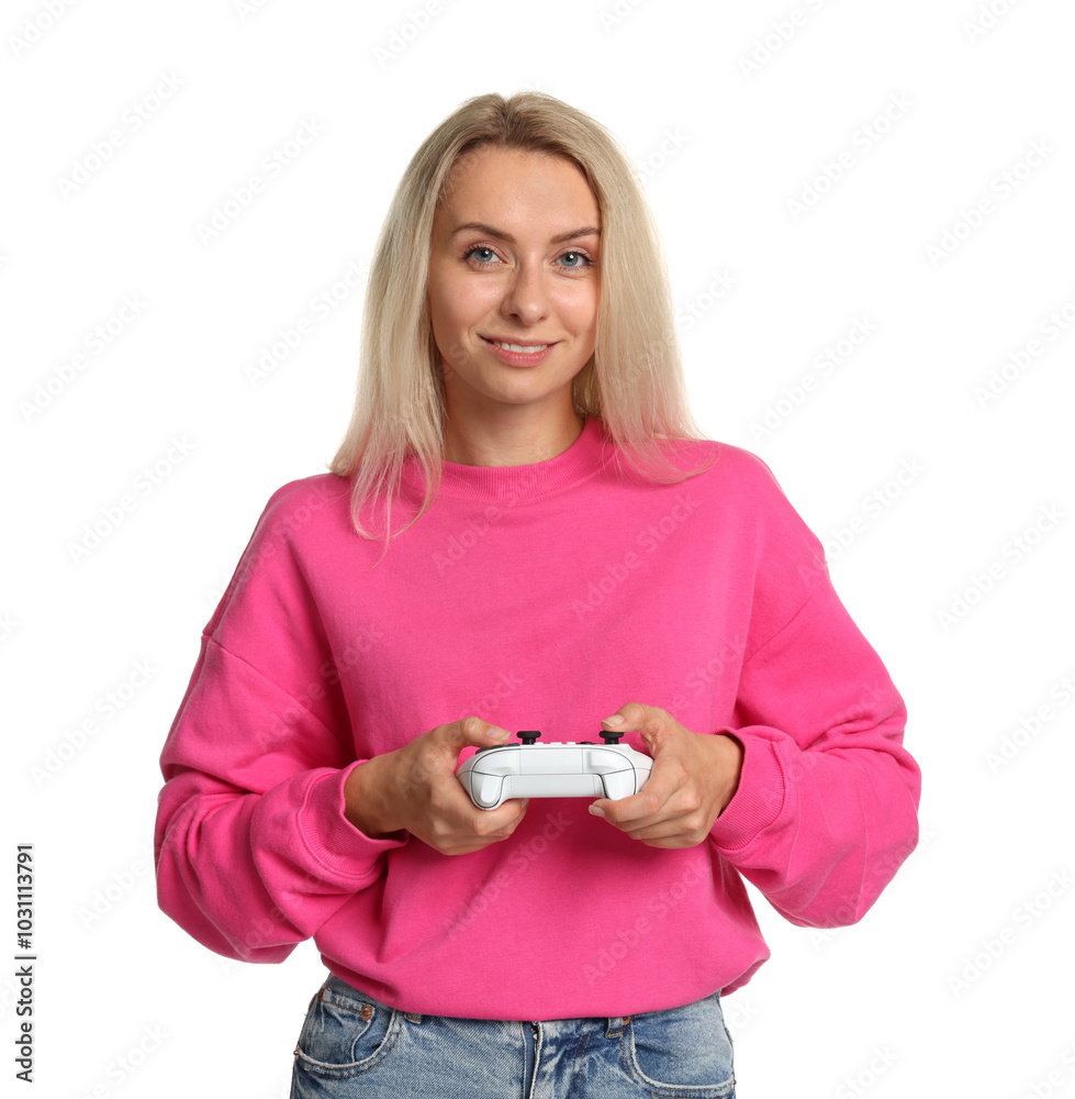 Happy woman with controller on white background